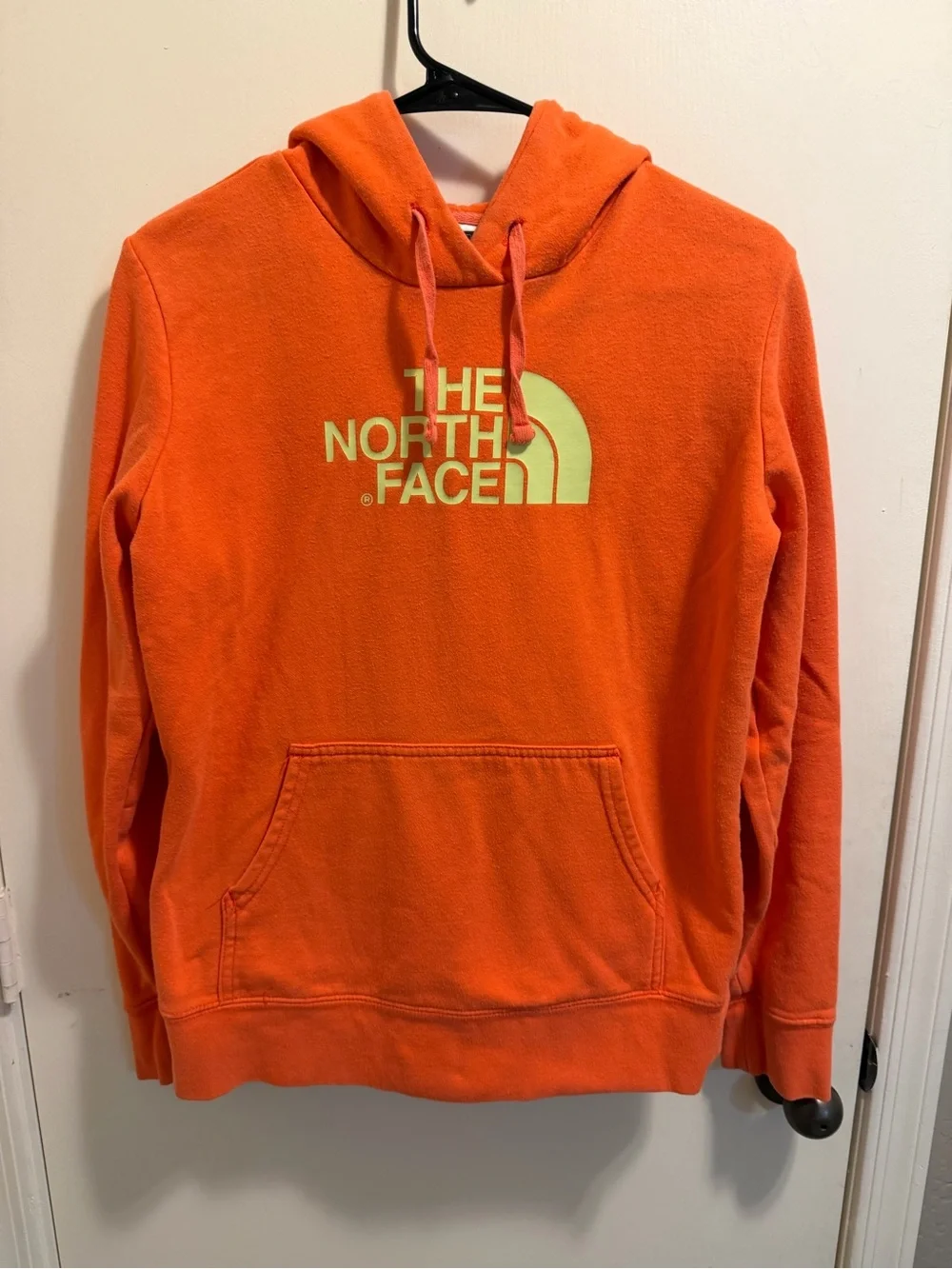 The North Face Men's Bright Orange Crewneck Hoodie with Yellow Logo
